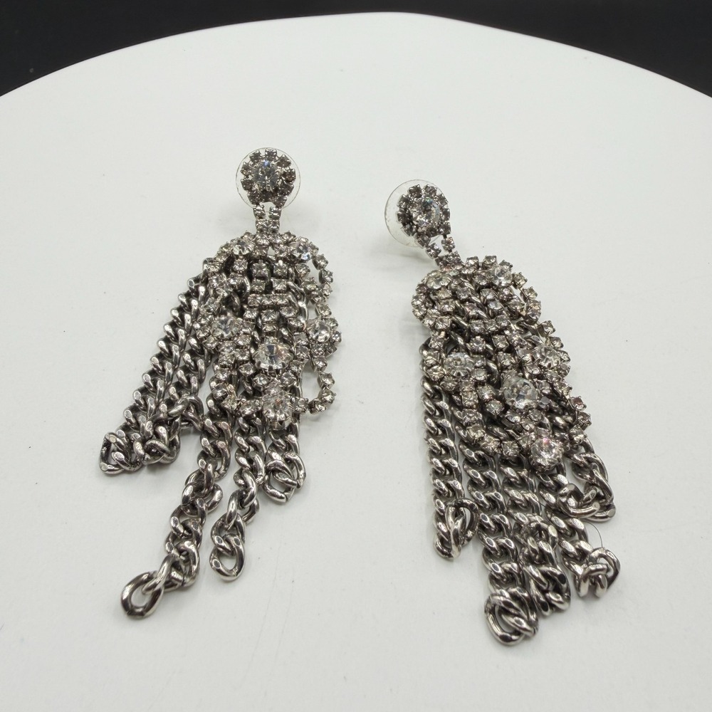 Rhinestone Chain Fringe Earrings Silver Tone Crystal Statement Shoulder Duster